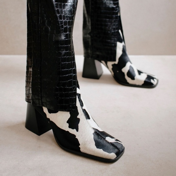 Cow Print Pony Hair Square Toe Chunky Heel Leather Boots Aloha - Picture 5 of 6